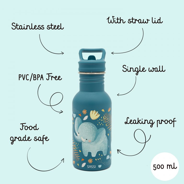 Stainless Steel Drink Bottle 500ml - Chewy the Elephant