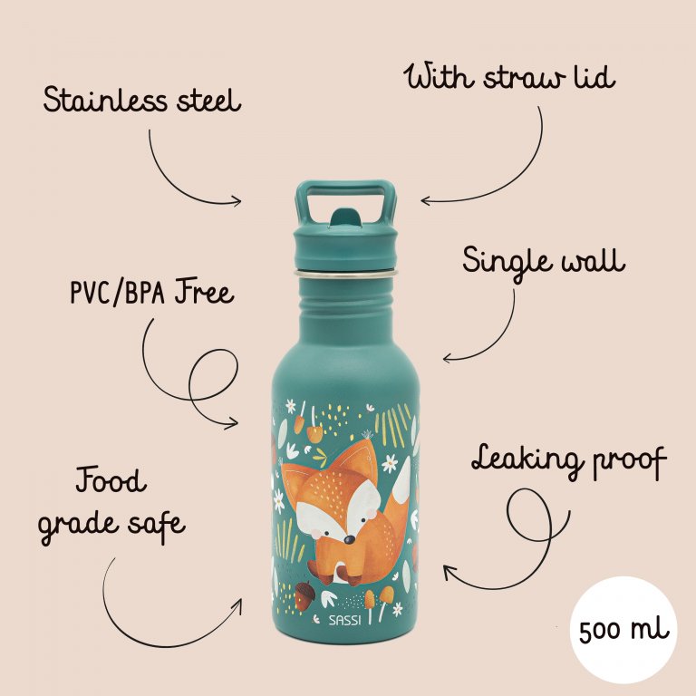 Stainless Steel Drink Bottle 500ml - Crunchy the Fox