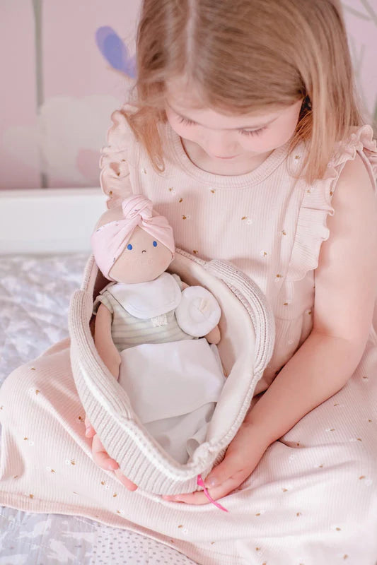 Soft Baby Doll in Knitted Carry Cot with Dummy and Blanket