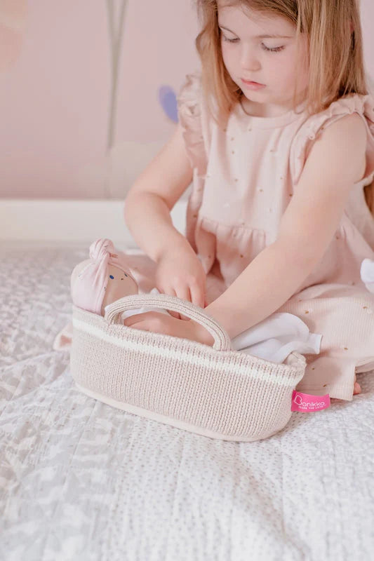 Soft Baby Doll in Knitted Carry Cot with Dummy and Blanket