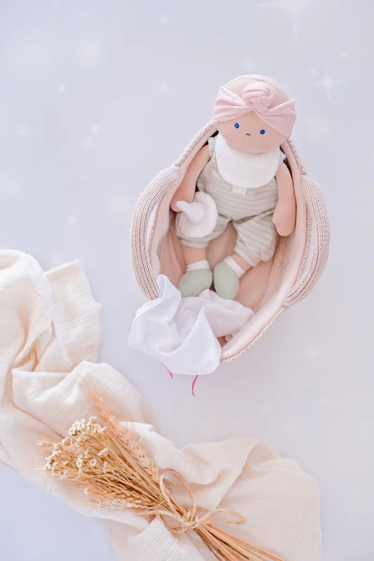 Soft Baby Doll in Knitted Carry Cot with Dummy and Blanket