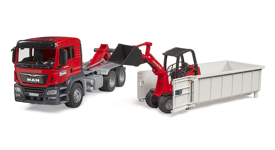 Bruder - 1:16 MAN TGS Truck with Roll-Off Container and Schäffer Compact Loader (03767)