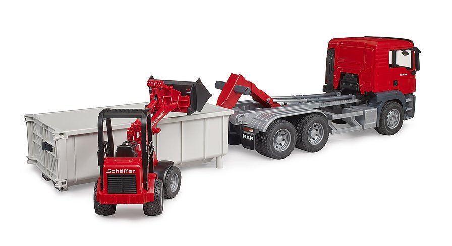 1:16 MAN TGS Truck with Roll-Off Container and Schäffer Compact Loader (03767)